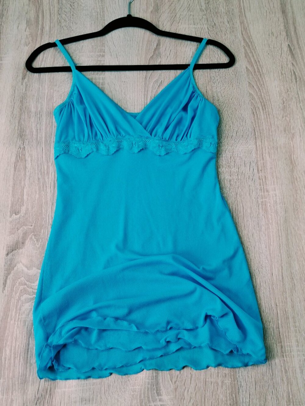 Vintage Sz S Womens Turquoise Aqua Blue Stretch Mesh & Lace Babydoll Nightgow